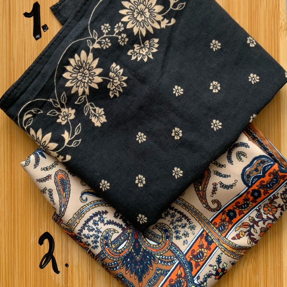 Scarf Square two black/tan & Paisley golds and blues